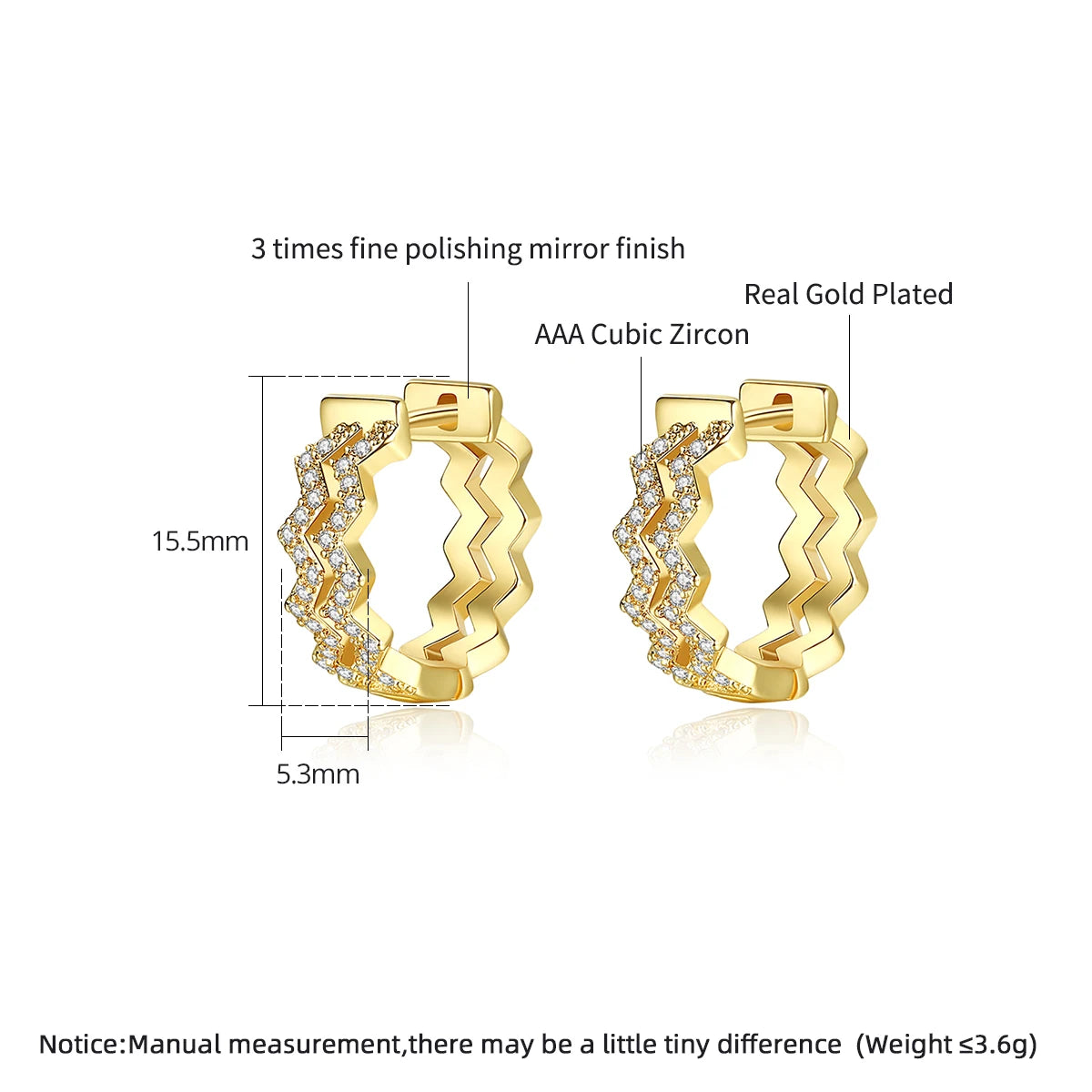 CZCITY Fashion Jewelry Gift Gold Plated Wavy Cubic Zirconia Crystals Huggie Earrings for Women
