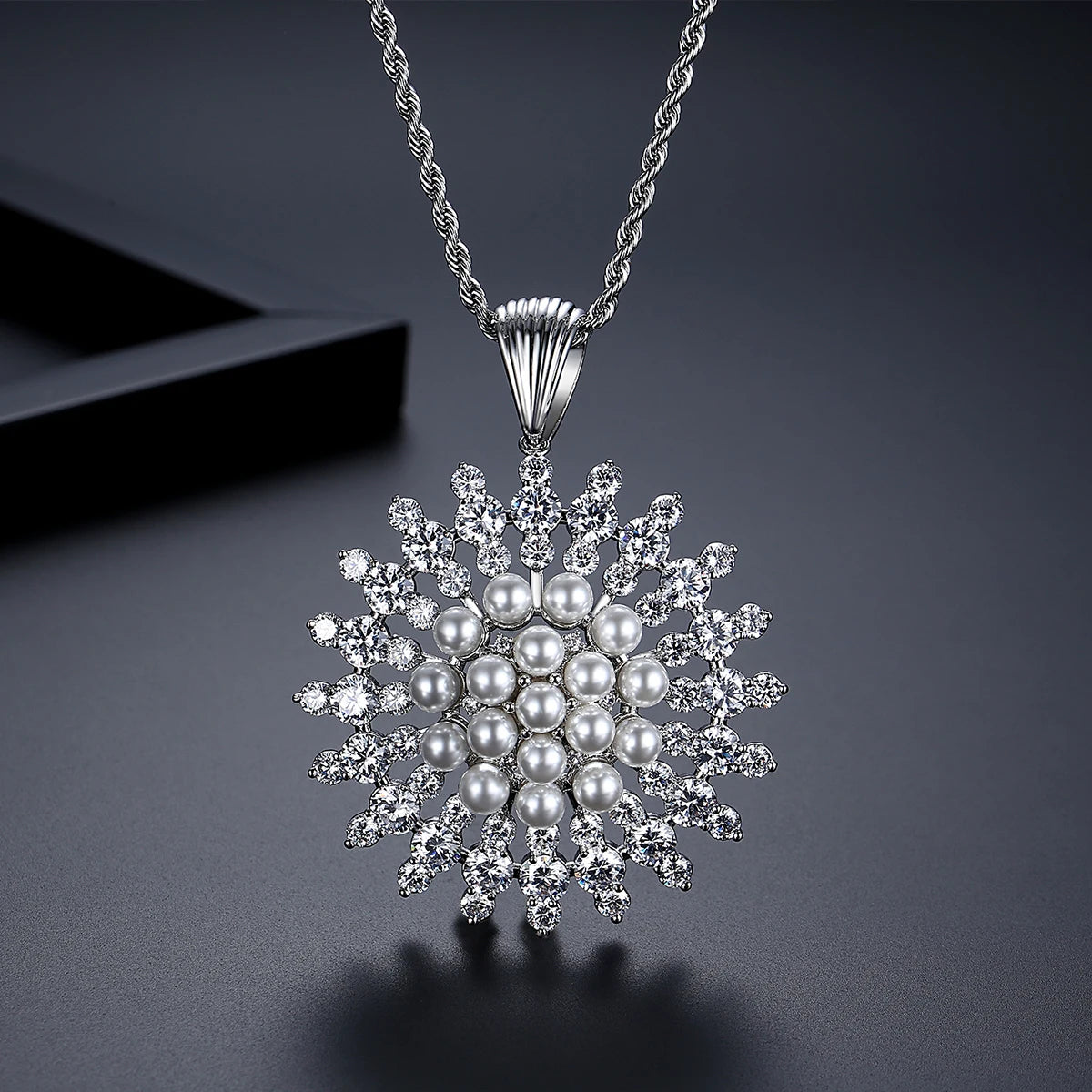 LUOTEEMI Luxury Cubic Zirconia with Imitation Pearl Sun Flower Elegant Women Long Chain Necklaces Fashion Jewelry