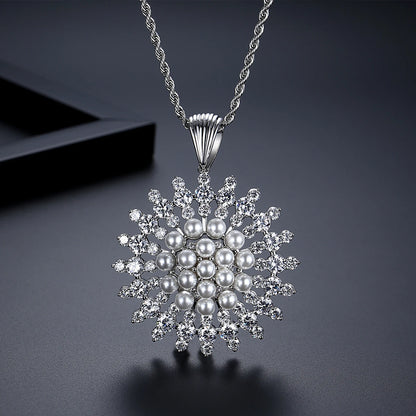 LUOTEEMI Luxury Cubic Zirconia with Imitation Pearl Sun Flower Elegant Women Long Chain Necklaces Fashion Jewelry