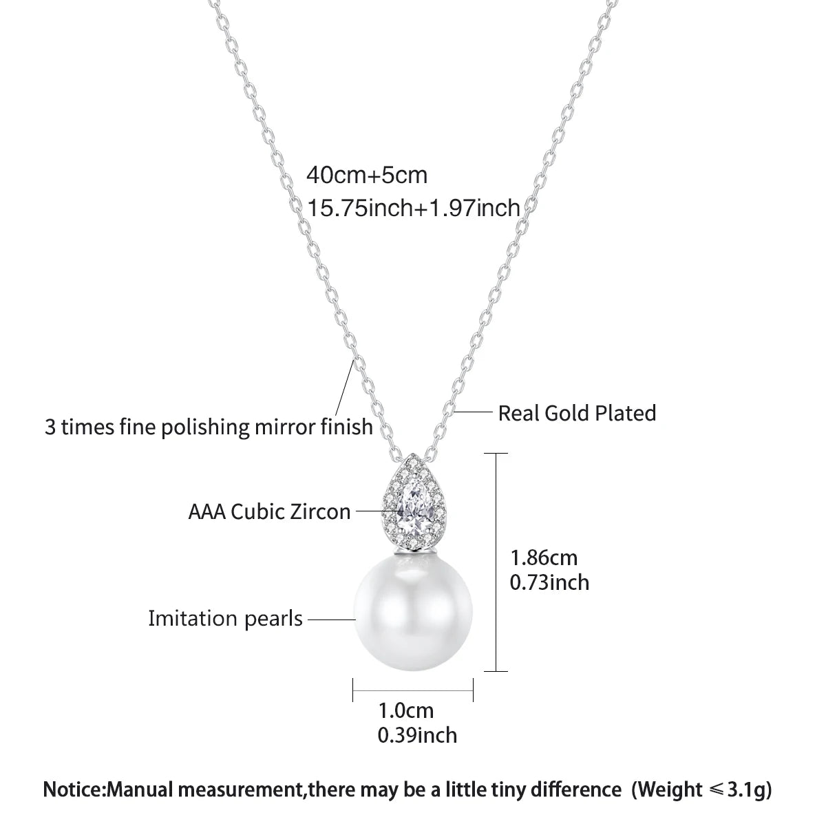 LUOTEEMI Japanese Trendy Tear Drop Imitation White Pearl Zircon Pendant Chain Necklace for Women Daily Wear Fashion Jewellery