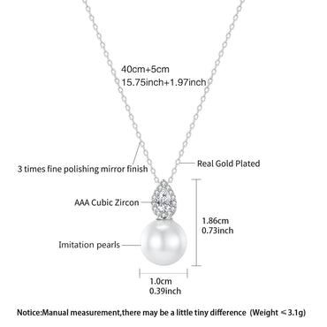LUOTEEMI Japanese Trendy Tear Drop Imitation White Pearl Zircon Pendant Chain Necklace for Women Daily Wear Fashion Jewellery