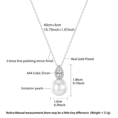 LUOTEEMI Japanese Trendy Tear Drop Imitation White Pearl Zircon Pendant Chain Necklace for Women Daily Wear Fashion Jewellery