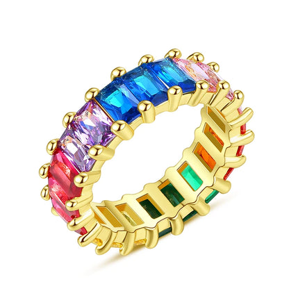 Rainbow Gemstone Eternity Band Ring Zircon Stone Cubic Zirconia CZ Fashion Gold Baguette Diamond Eternity Ring for Women