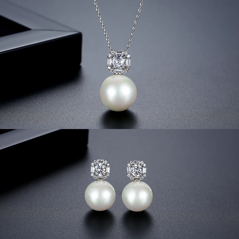 LUOTEEMI Delicate Women Classic Design Anniversary Cubic Zirconia White Glass Pearl Jewelry Sets Rhodium Plated High Quality