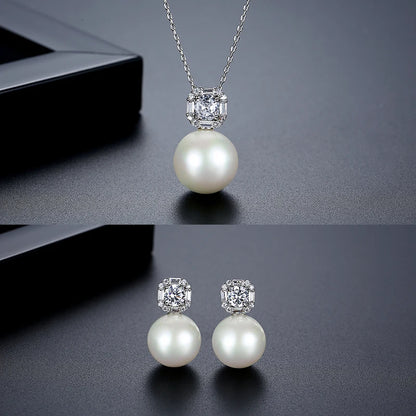 LUOTEEMI Delicate Women Classic Design Anniversary Cubic Zirconia White Glass Pearl Jewelry Sets Rhodium Plated High Quality