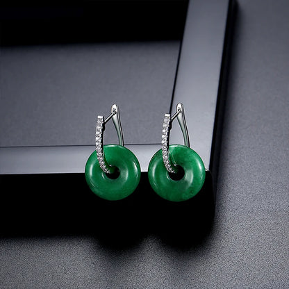 LUOTEEMI New Come Tiny CZ Zirconia Paved Huggie Clip on Earrings with Green Circle Round Jade Fashion Jewellery Women Earrings