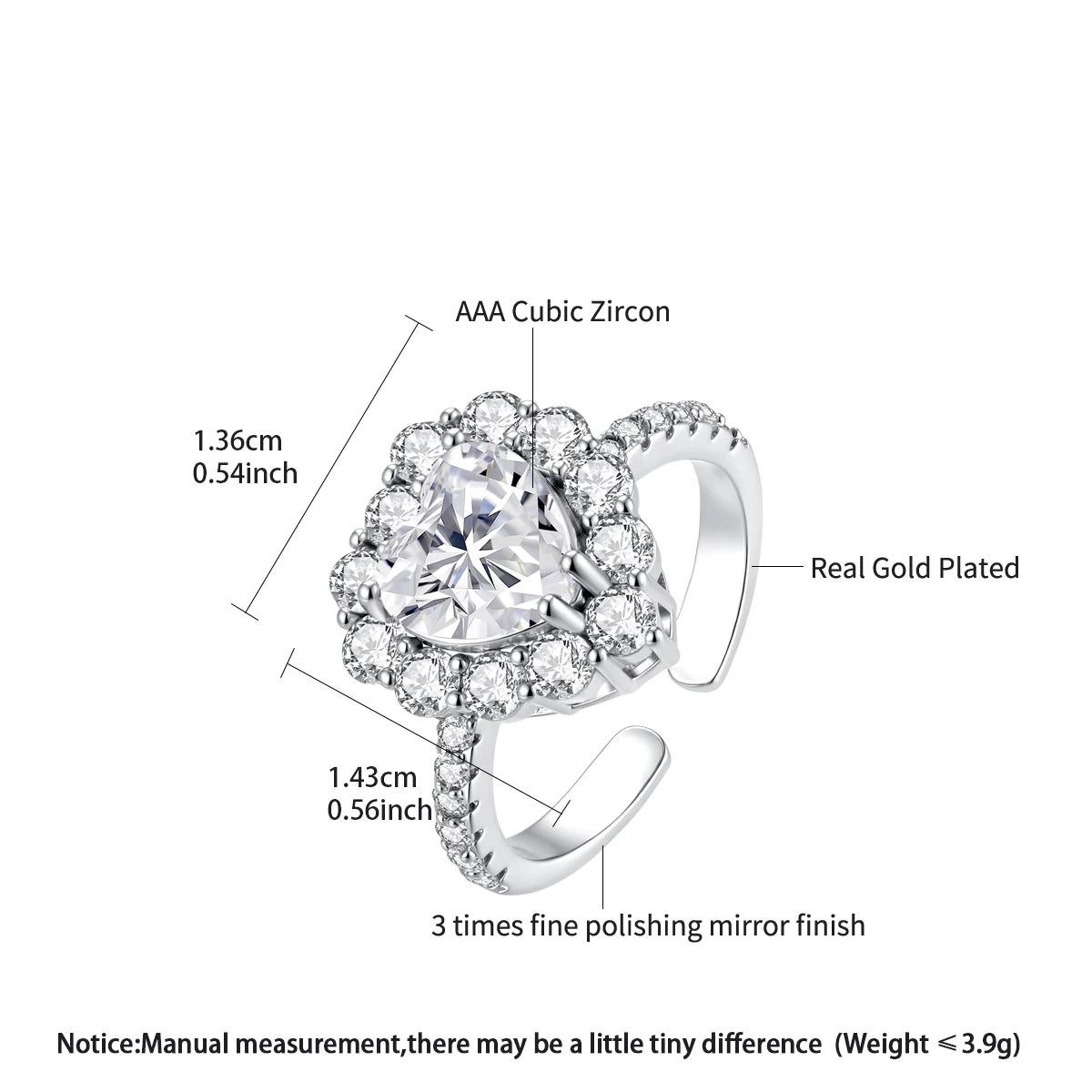 LUOTEEMI 2026 New Fashion Heart CZ Stone Womens Cubic Zirconia Adjustable Open Size Jewelry Finger Ring Ready to Ship