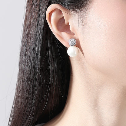 LUOTEEMI Luxury Cubic Zirconia Sugar Girl Lovely Big White Imitation Round Pearl Stud Earrings Rhodium Plated Jewelry
