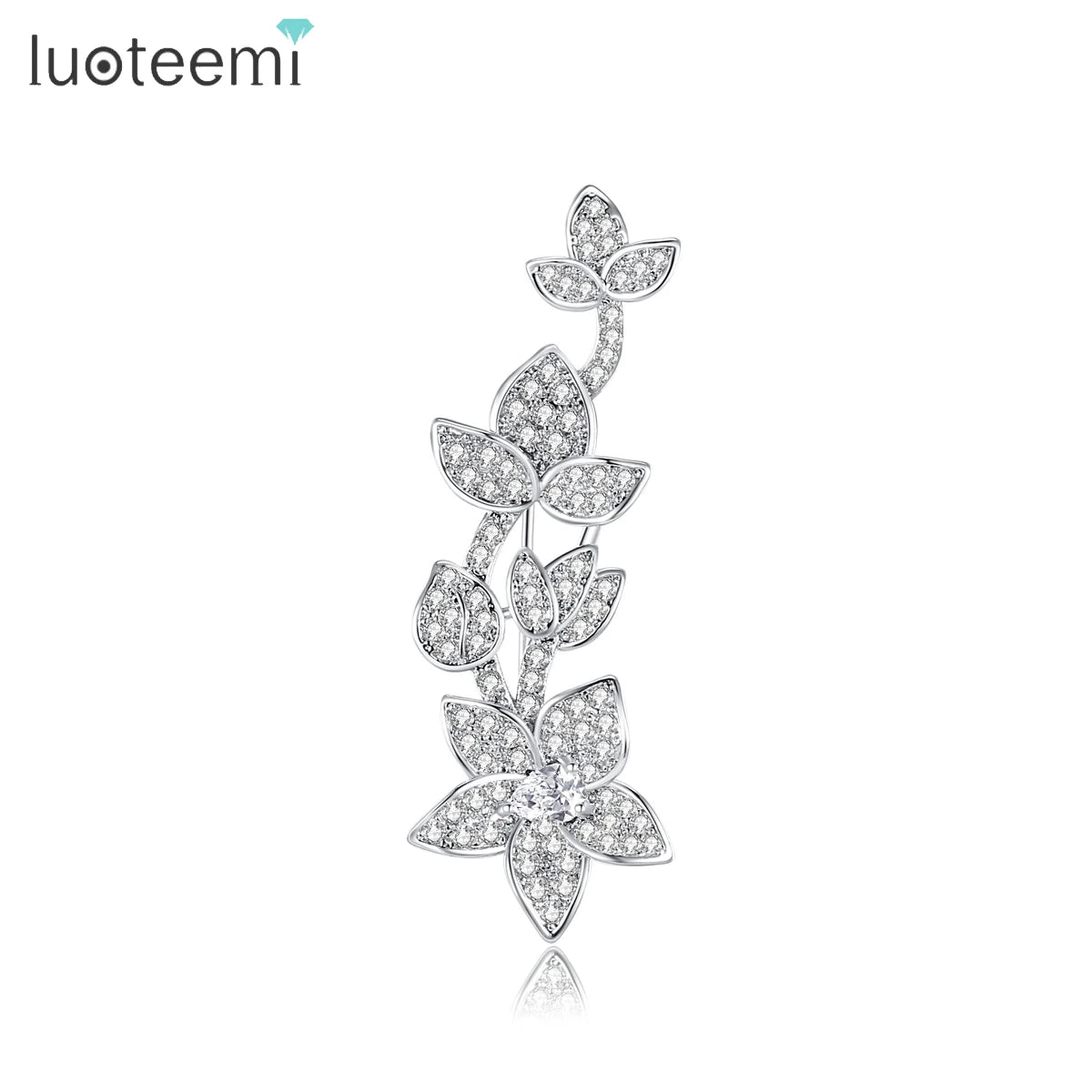 LUOTEEMI New Elegant Fashion Brass Copper Tiny Cubic Zirconia Girls Small CZ Brooches Flower Shape White Gold Color Brooch