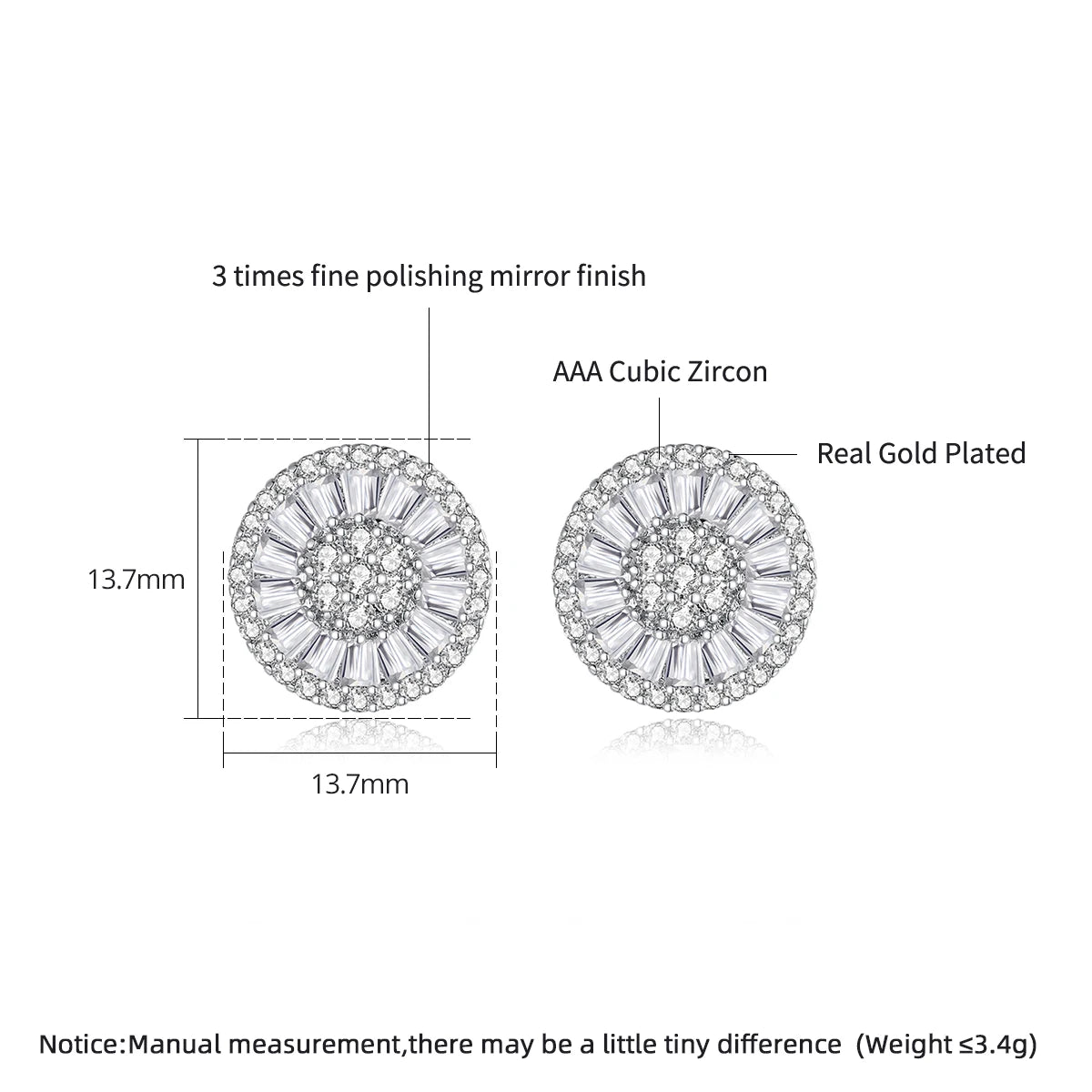 CZCITY Wholesale Brand New Design Pure Clear Cubic Zircon Micro Pave Women Luxury Wedding Bridal Round Stud Earrings