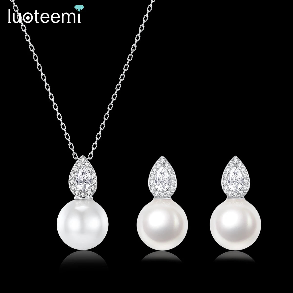 LUOTEEMI Cute Korean Fashion Women Tear Drop Zircon Stone Glass White Pearl Jewelry Sets for Girls Daily Wear Jewellery