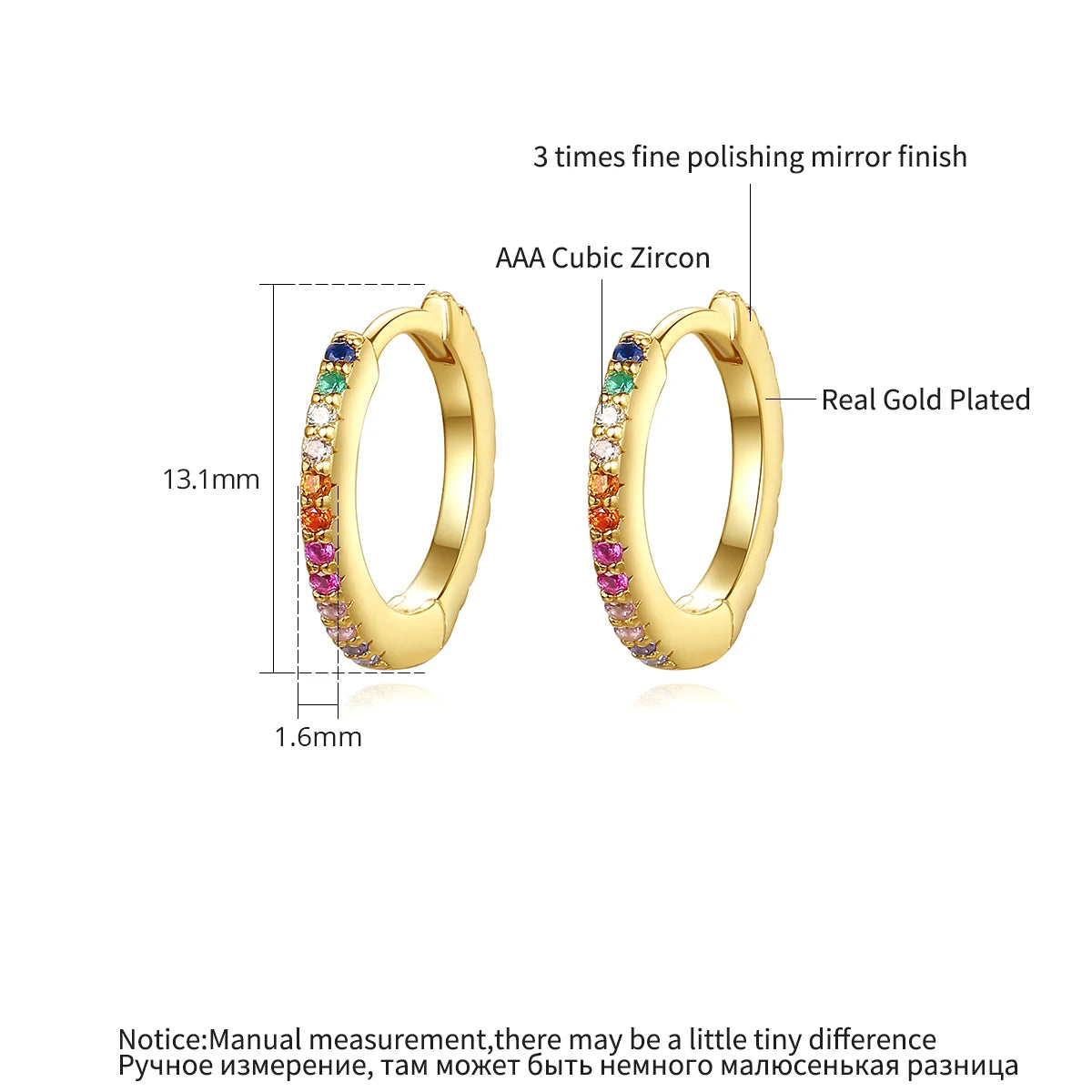 CZCITY Rainbow CZ Paved Woman Diamond Jewelry 14K Gold Zircon Plated Huggie Hoop Earring