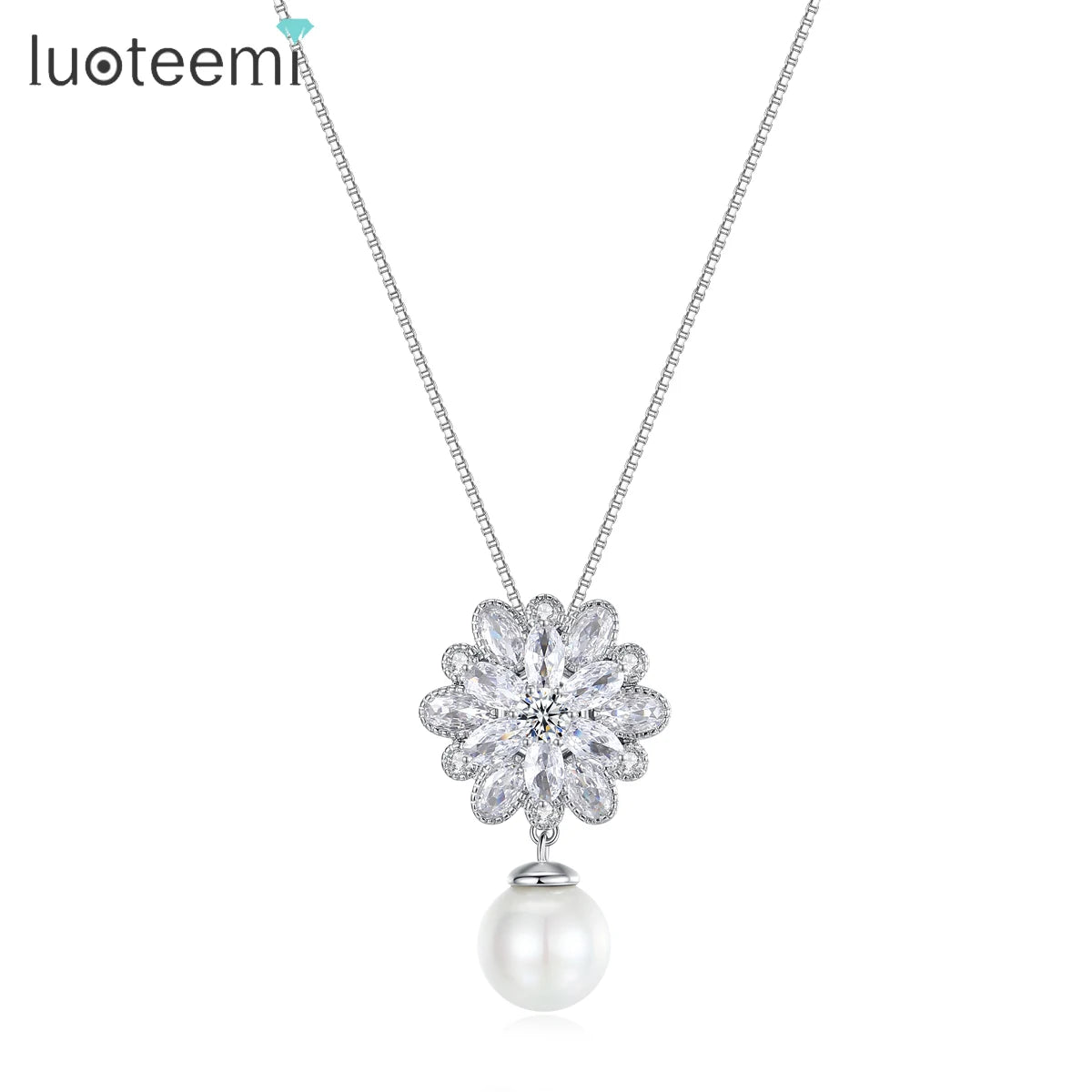 LUOTEEMI Stock Wholesale Fashion a AA Zircon Flower With Pearl Drop Pendant White Gold Chain Necklace for Women