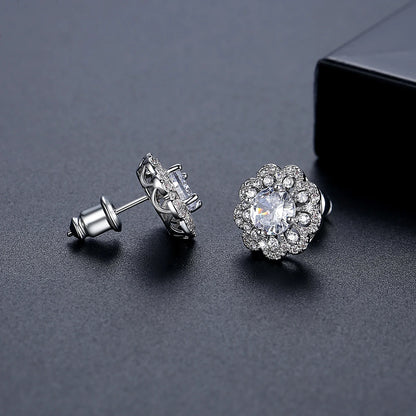 CZCITY Trend Women Fashion Custom Korea Design Exquisite Rhodium White Gold Plated Cubic Zirconia Flower Earrings Studs