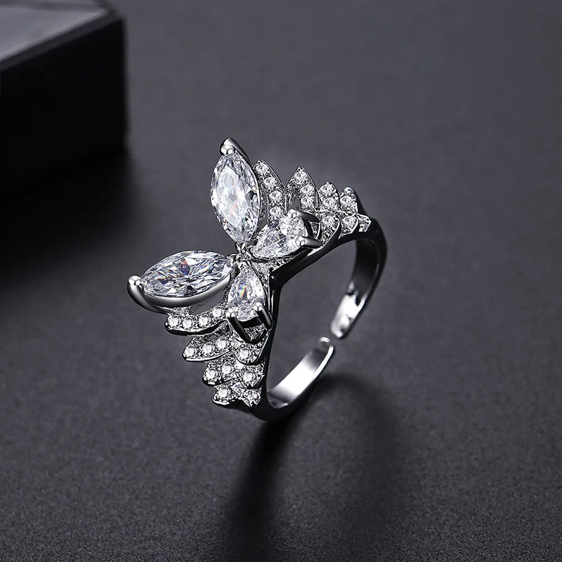 LUOTEEMI Layered Big Fashion Cubic Zirconia Butterfly Adjustable Party Elegant Finger Rings for Girls Luxury Hand Jewellery