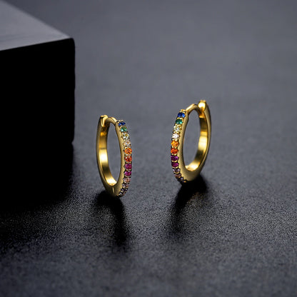CZCITY Rainbow CZ Paved Woman Diamond Jewelry 14K Gold Zircon Plated Huggie Hoop Earring