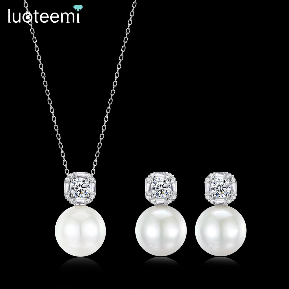 LUOTEEMI Delicate Women Classic Design Anniversary Cubic Zirconia White Glass Pearl Jewelry Sets Rhodium Plated High Quality