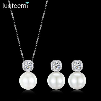 LUOTEEMI Delicate Women Classic Design Anniversary Cubic Zirconia White Glass Pearl Jewelry Sets Rhodium Plated High Quality