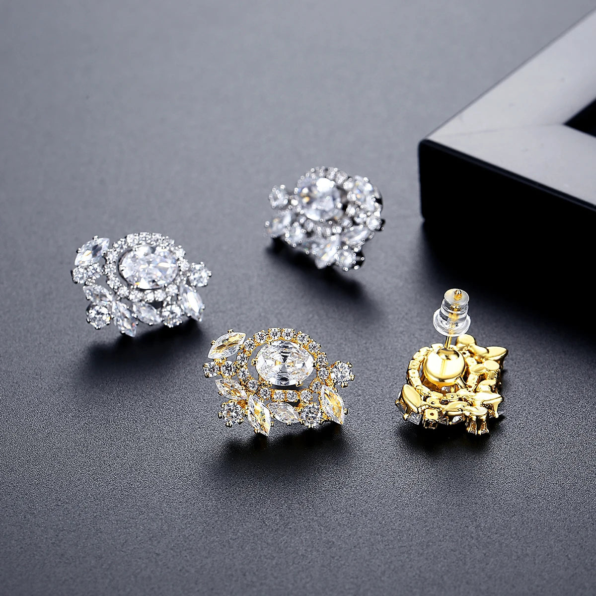 LUOTEEMI New Design Women Cubic Zirconia Vintage Flower Shape Stud Earrings Clear Zircon Ear Studs for Girls Party Gifts