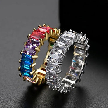 Rainbow Gemstone Eternity Band Ring Zircon Stone Cubic Zirconia CZ Fashion Gold Baguette Diamond Eternity Ring for Women