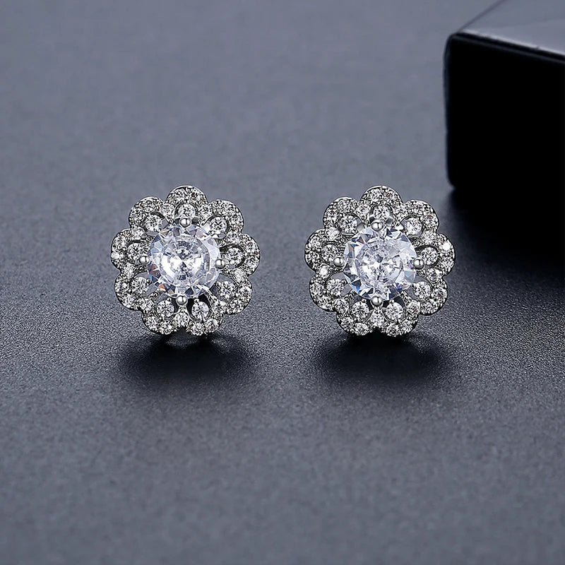 CZCITY Trend Women Fashion Custom Korea Design Exquisite Rhodium White Gold Plated Cubic Zirconia Flower Earrings Studs