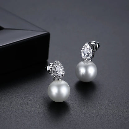 LUOTEEMI Cute Korean Fashion Women Tear Drop Zircon Stone Glass White Pearl Jewelry Sets for Girls Daily Wear Jewellery
