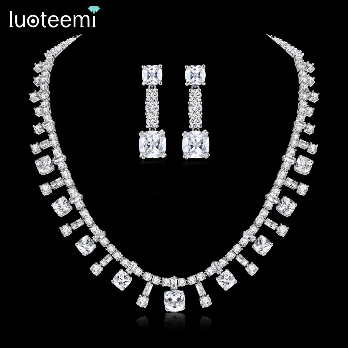 LUOTEEMI Luxury Geometric Zircon Stone Clear Color Bridal Jewelry Copper Cubic Zirconia Sets for Wedding Luxury Jewellery Set