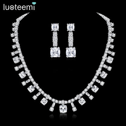 LUOTEEMI Luxury Geometric Zircon Stone Clear Color Bridal Jewelry Copper Cubic Zirconia Sets for Wedding Luxury Jewellery Set
