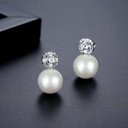 LUOTEEMI Delicate Women Classic Design Anniversary Cubic Zirconia White Glass Pearl Jewelry Sets Rhodium Plated High Quality