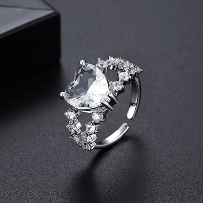 LUOTEEMI New Elegant High Quality Big Heart Crystal with Small Cubic Zirconia Girls Fashion Open Size Jewelry Big Finger Ring