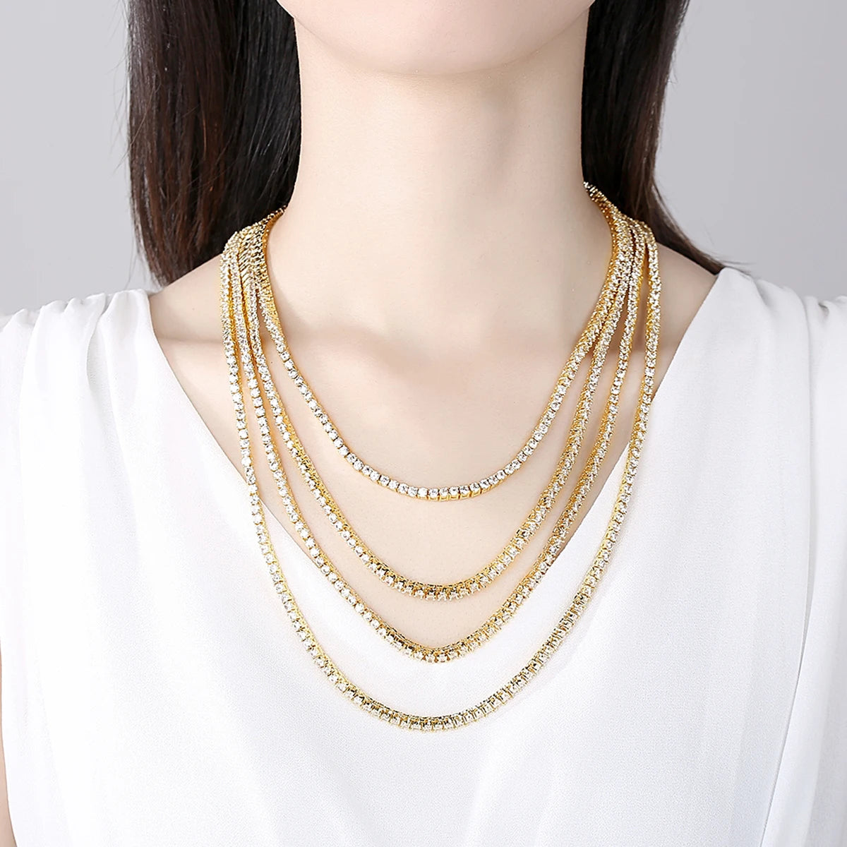 3mm Hiphop Bling Jewelry 18k Gold Iced Out Diamond Copper Zircon Tennis Chain CZ Tennis Necklace