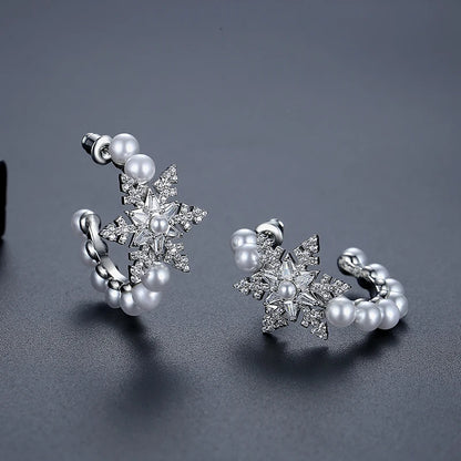 CZCITY the New Listing Christmas Earing Jewelry Woman Hoop Pearl Zircon Bohemian Huggie Lady Bridal Snowflake Earring