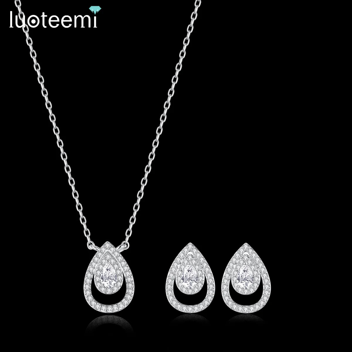 LUOTEEMI Classic Design Women Trendy Brass Fashion Tear Drop Tiny Zircon Jewelry Earrings and Necklace Sets Ready to Ship