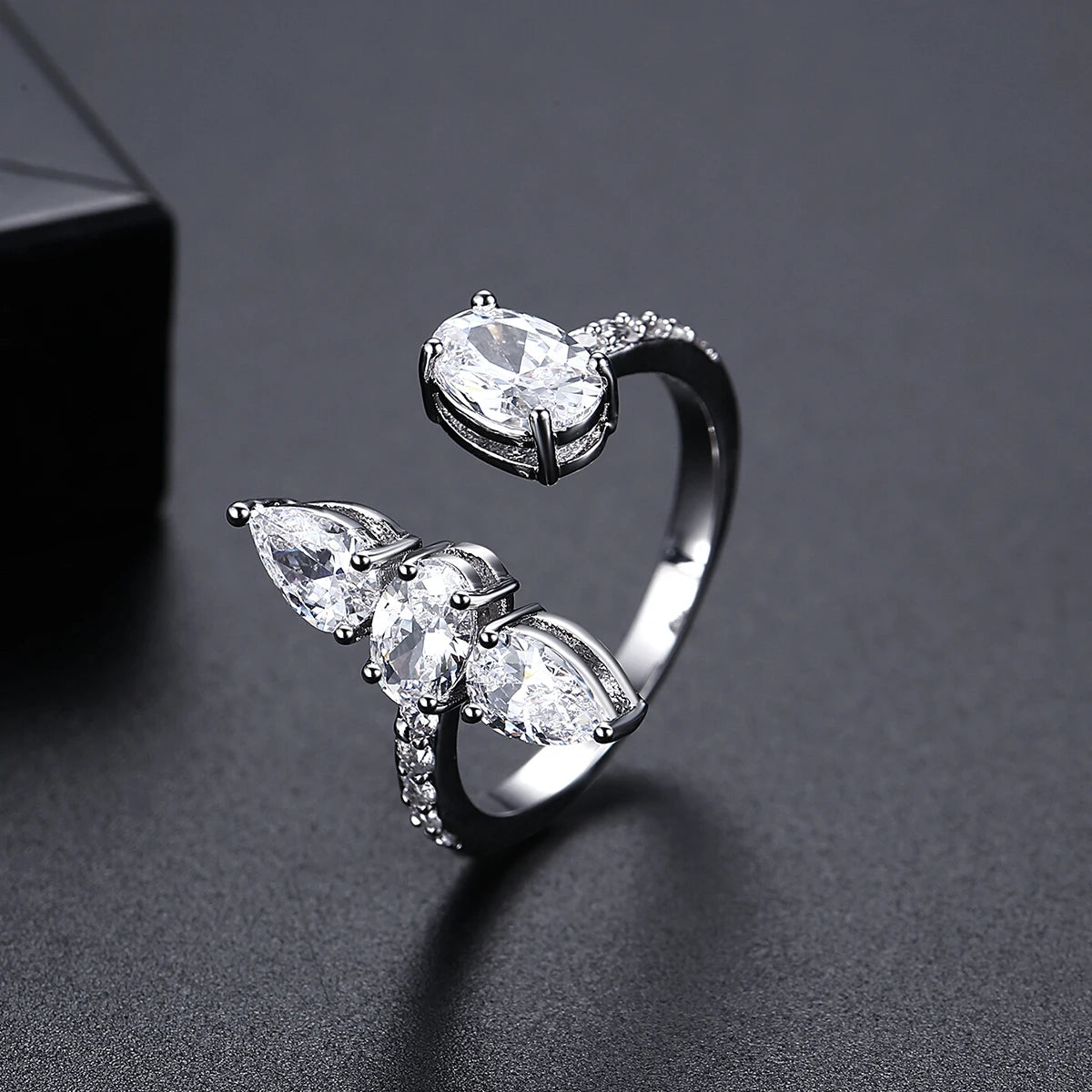LUOTEEMI Geometric Tear Shape Oval Shape Women Zircon Stone Party Gift Adjustable Ring Rhodium Plated Girls Big Trendy Rings