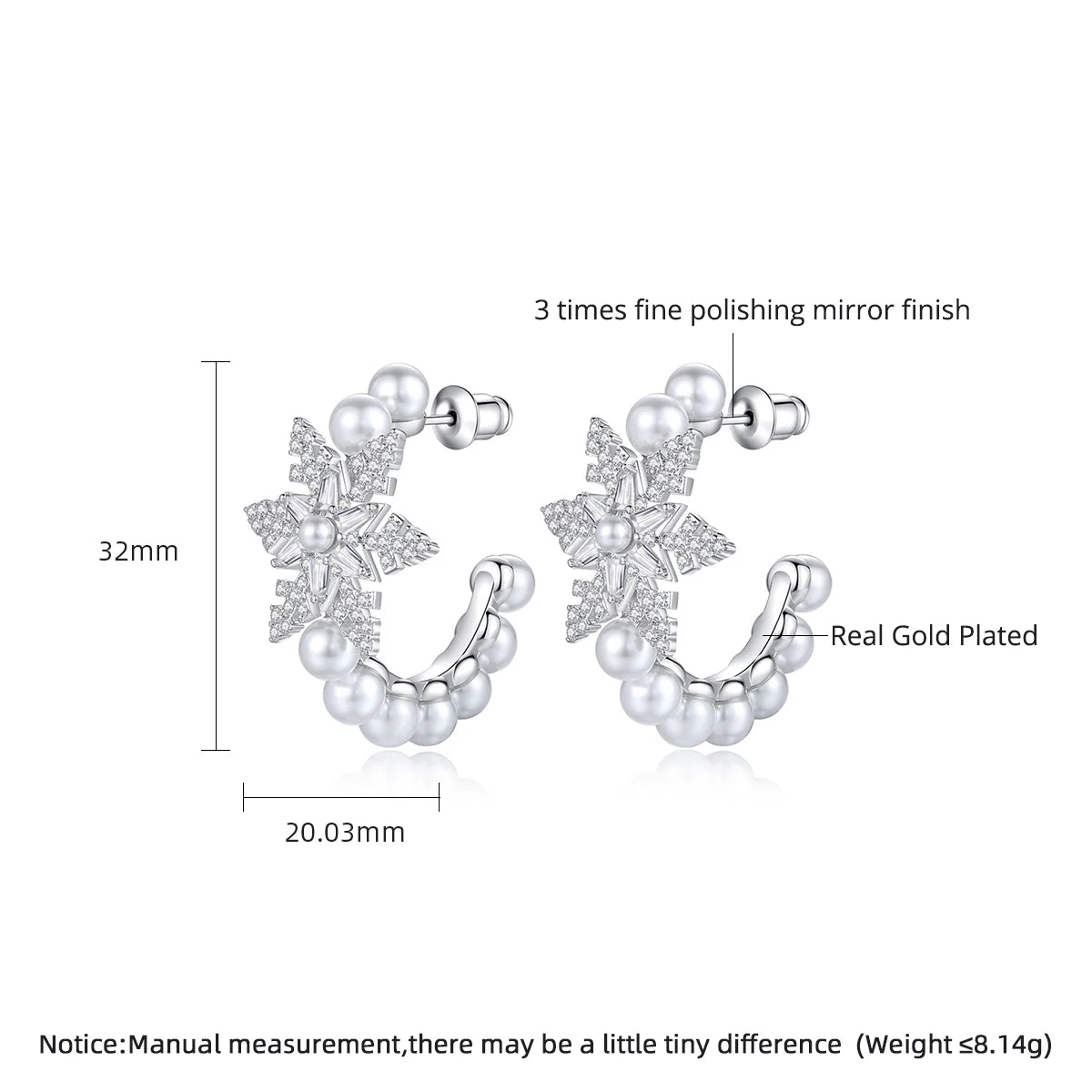 CZCITY the New Listing Christmas Earing Jewelry Woman Hoop Pearl Zircon Bohemian Huggie Lady Bridal Snowflake Earring