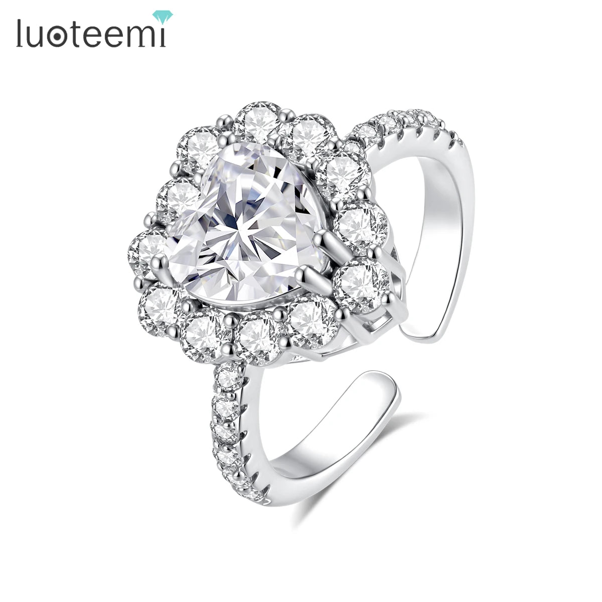 LUOTEEMI 2026 New Fashion Heart CZ Stone Womens Cubic Zirconia Adjustable Open Size Jewelry Finger Ring Ready to Ship