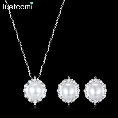 LUOTEEMI Brass Fashion Rhodium Plated High Quality Clear CZ Zircon Stone Imitation Pearl Stud Chain Necklace Jewelrt Sets