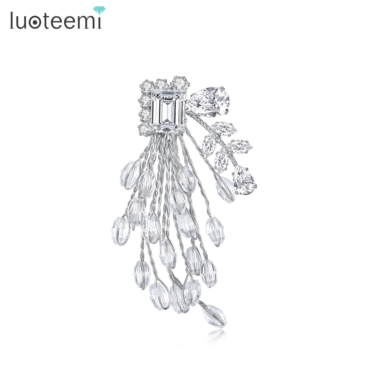 LUOTEEMI New Fashion Elegant Women Fireworks Flower Clear Zircon and Crystal Beads White Gold Rhodium Plated Brooch for Women