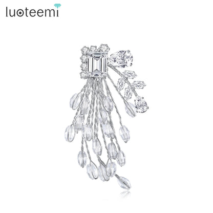 LUOTEEMI New Fashion Elegant Women Fireworks Flower Clear Zircon and Crystal Beads White Gold Rhodium Plated Brooch for Women