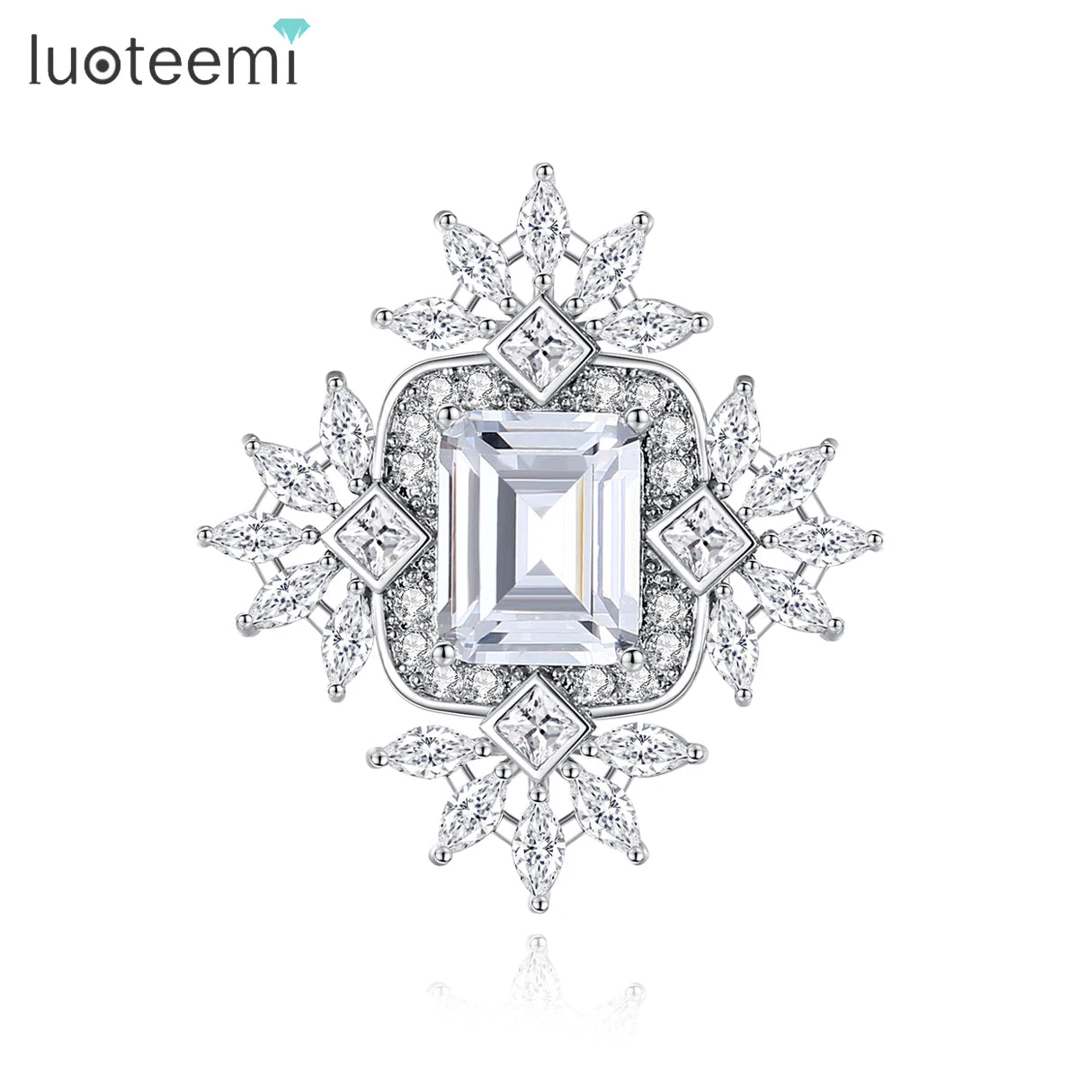 LUOTEEMI Big Emerald Cut Clear Zircon Stone Geometric Flower Brass Fashion Trendy Brooch for Sex Lady Teemi Brand