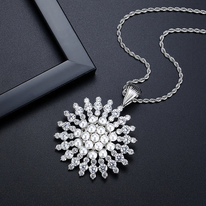 LUOTEEMI Luxury Cubic Zirconia with Imitation Pearl Sun Flower Elegant Women Long Chain Necklaces Fashion Jewelry