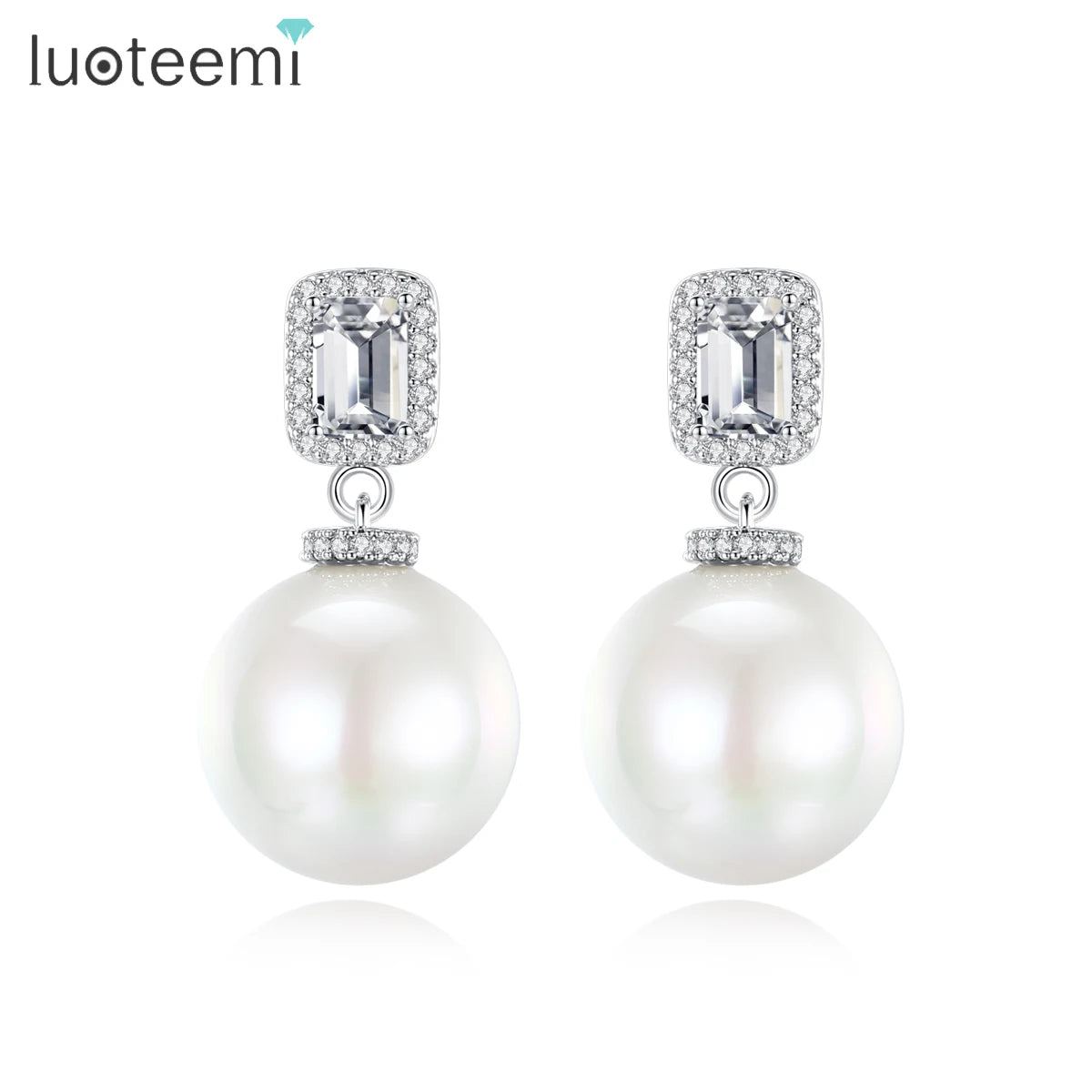 LUOTEEMI Bridal Wedding Luxury Big White Imitation Pearl Zircon Drop Earrings for Women High Quality Jewelry Ear Rings
