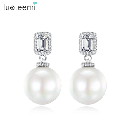 LUOTEEMI Bridal Wedding Luxury Big White Imitation Pearl Zircon Drop Earrings for Women High Quality Jewelry Ear Rings