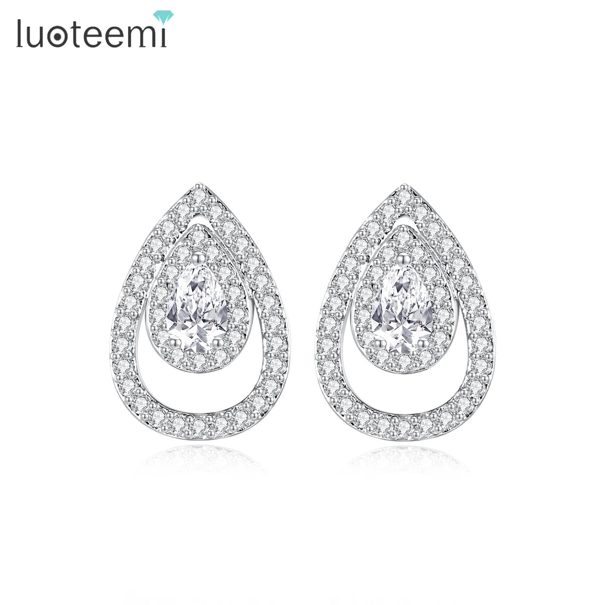 LUOTEEMI Delicate Women Tear Drop Fashion Tiny Zircon Paved Daily Wear Jewelry Stud Earrings Rhodium Plated Classic Design