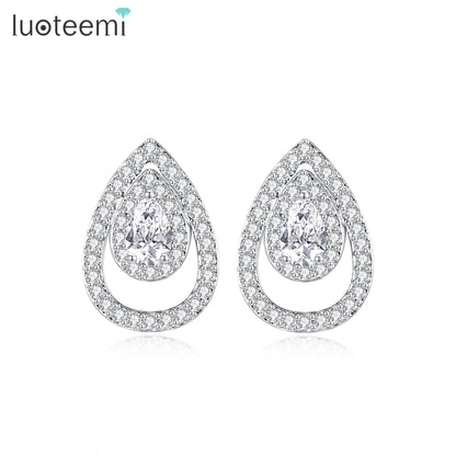 LUOTEEMI Delicate Women Tear Drop Fashion Tiny Zircon Paved Daily Wear Jewelry Stud Earrings Rhodium Plated Classic Design