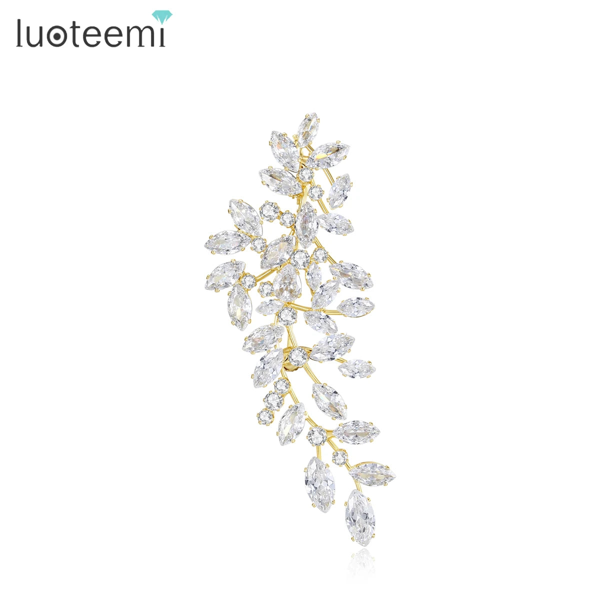 LUOTEEMI Clear Cubic Zirconia Leaves Shape Women Elegant Big Brooch White Gold Plated High Quality Jewellery for Women