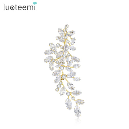 LUOTEEMI Clear Cubic Zirconia Leaves Shape Women Elegant Big Brooch White Gold Plated High Quality Jewellery for Women