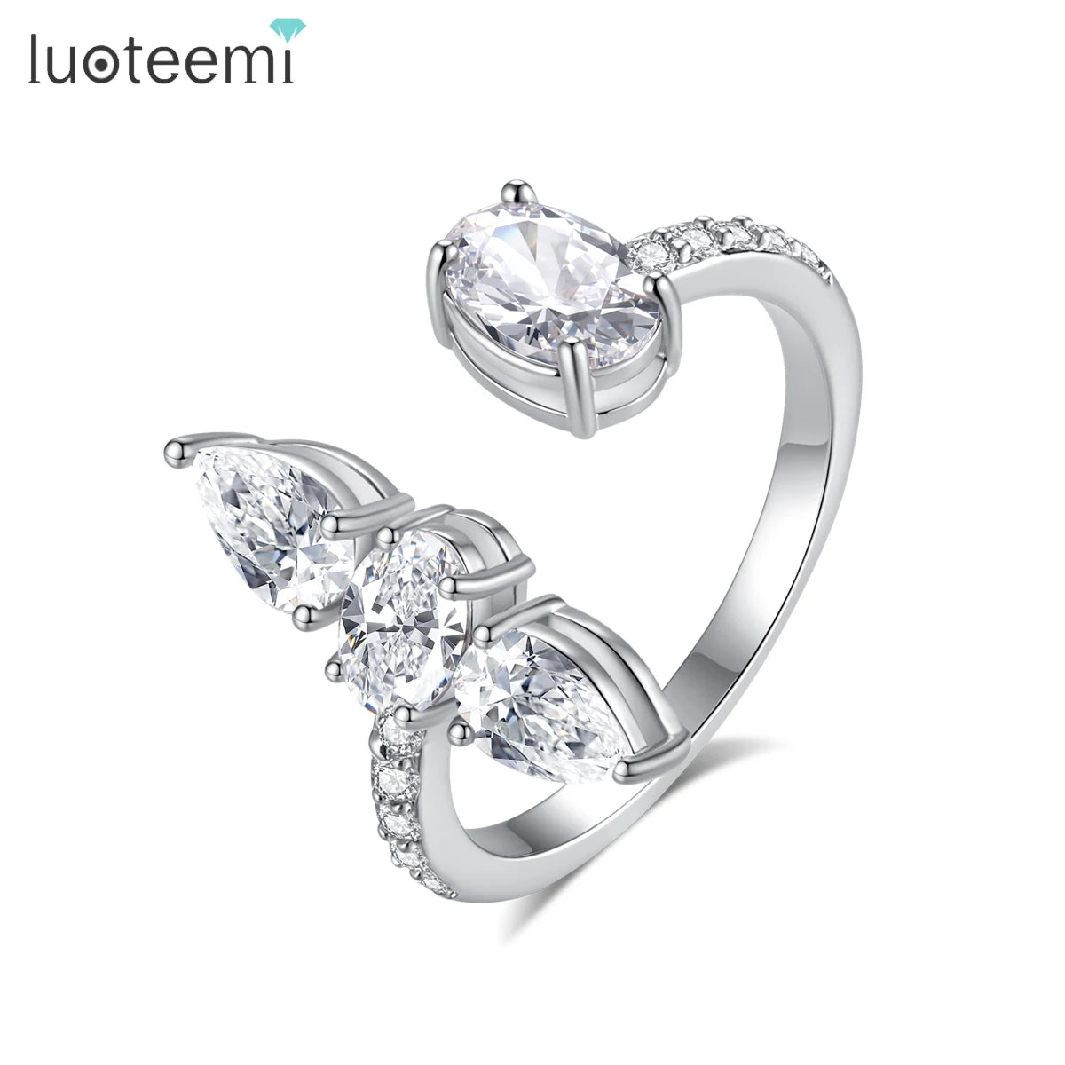 LUOTEEMI Geometric Tear Shape Oval Shape Women Zircon Stone Party Gift Adjustable Ring Rhodium Plated Girls Big Trendy Rings