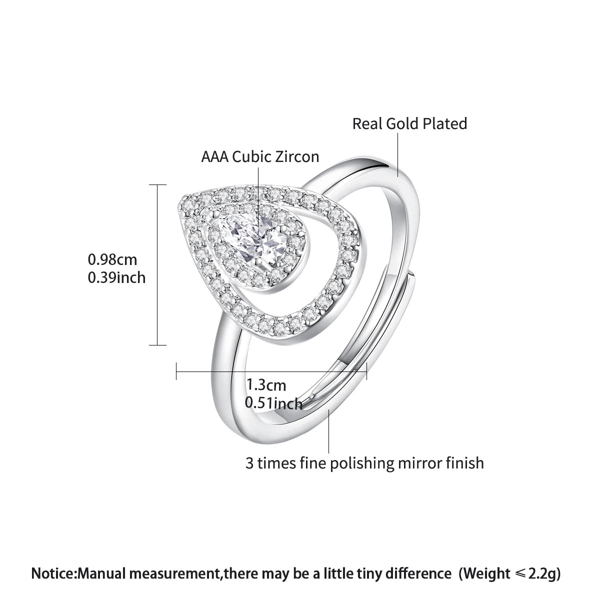 LUOTEEMI Tear Drop Cubic Zirconia Fashion Open Size Jewelry Finger Ring Rhodium Plated Girls Jewelry Ready to Ship