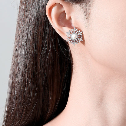 LUOTEEMI Christmas New 2026 Cubic Zirconia Snow Flower Big Ear Stud Earrings for Women Korean Fashion Jewellery Gifts